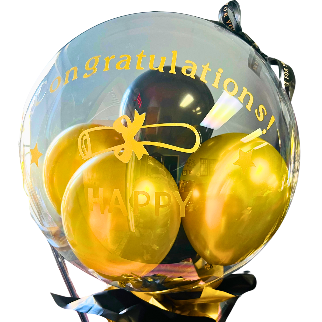 Close-Up Golden Glow Celebration Balloon Arrangement.