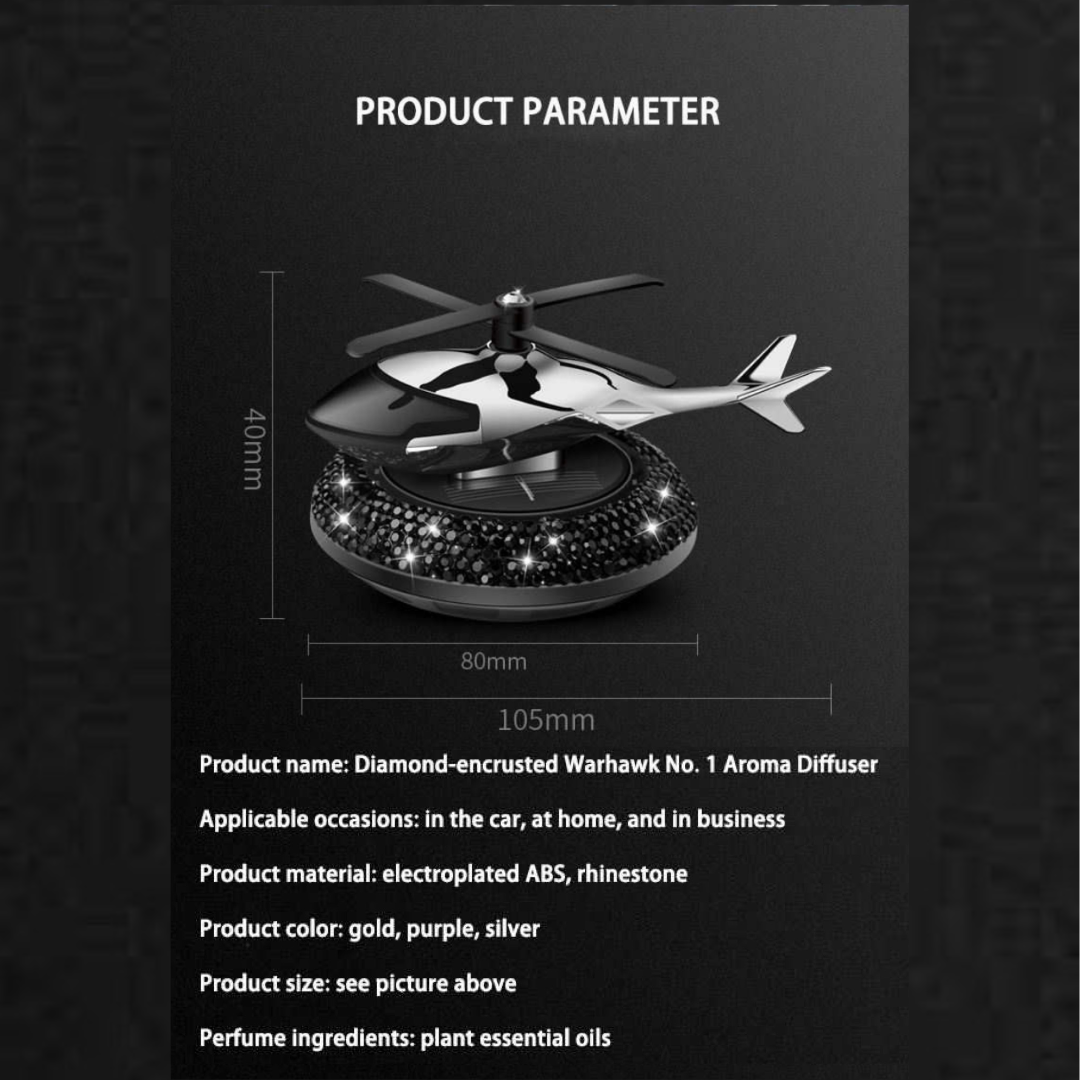 Product name: Diamond-encrusted Warhawk No. 1 Aroma Diffuser, Applicable occasions: in the car, at home, and in business, Product material: electroplated ABS, rhinestone, Product size: see picture above, Perfume ingredients: plant essential oils