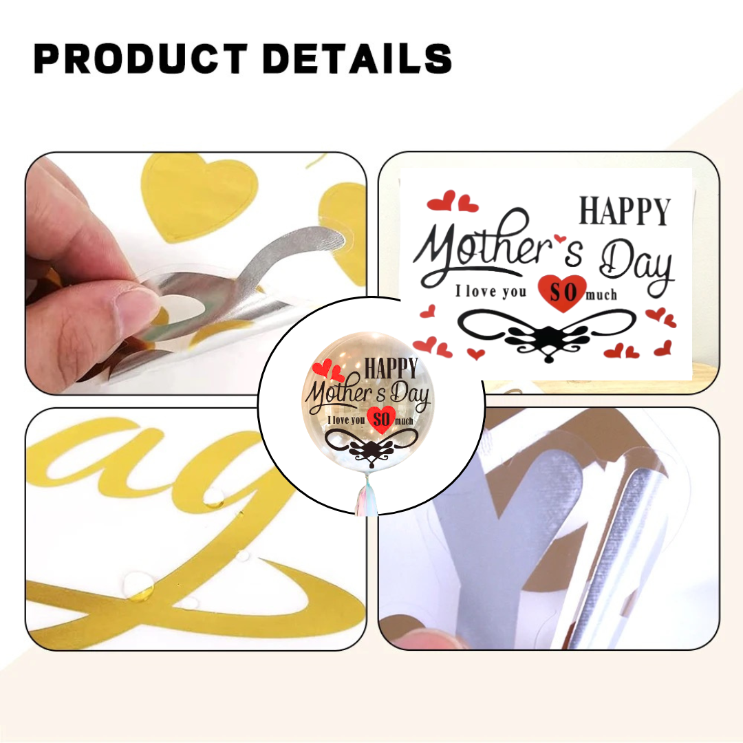 Product details showing letter stickers and easy peel-off application process for balloons.