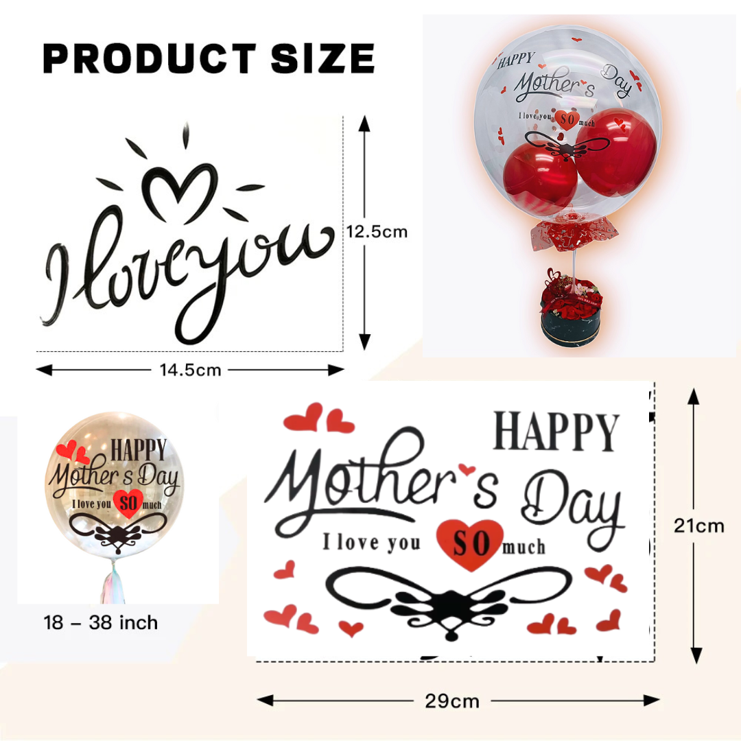 Product size guide showing dimensions for the balloon letter stickers.