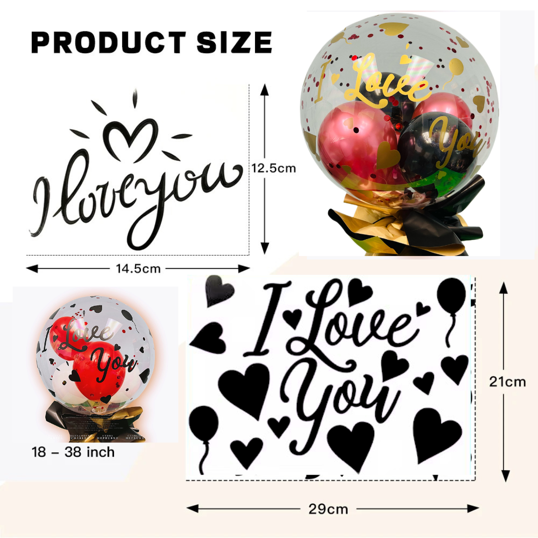 Product size guide showing dimensions for the balloon letter stickers.