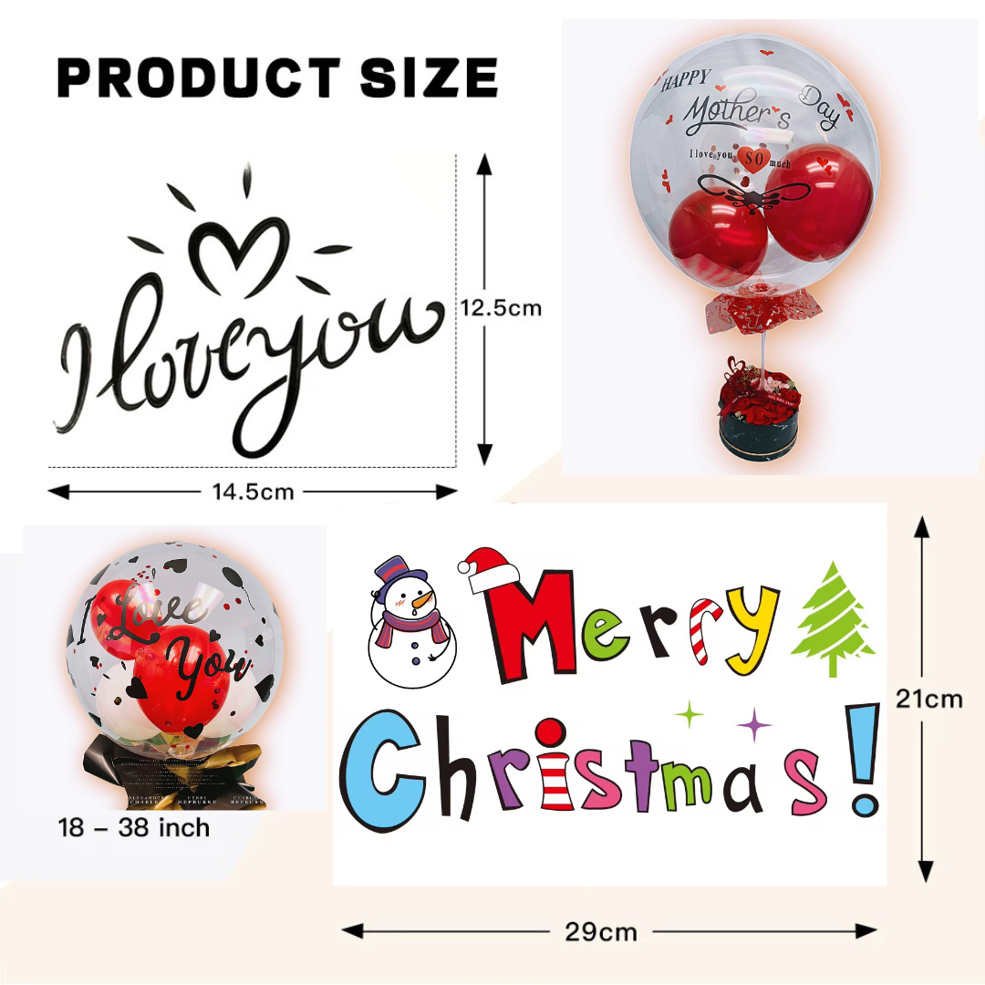 Product size guide showing dimensions for the balloon letter stickers.