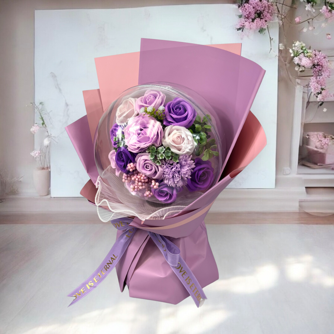 Purple Endless Love Soap Flower Bouquet Close up