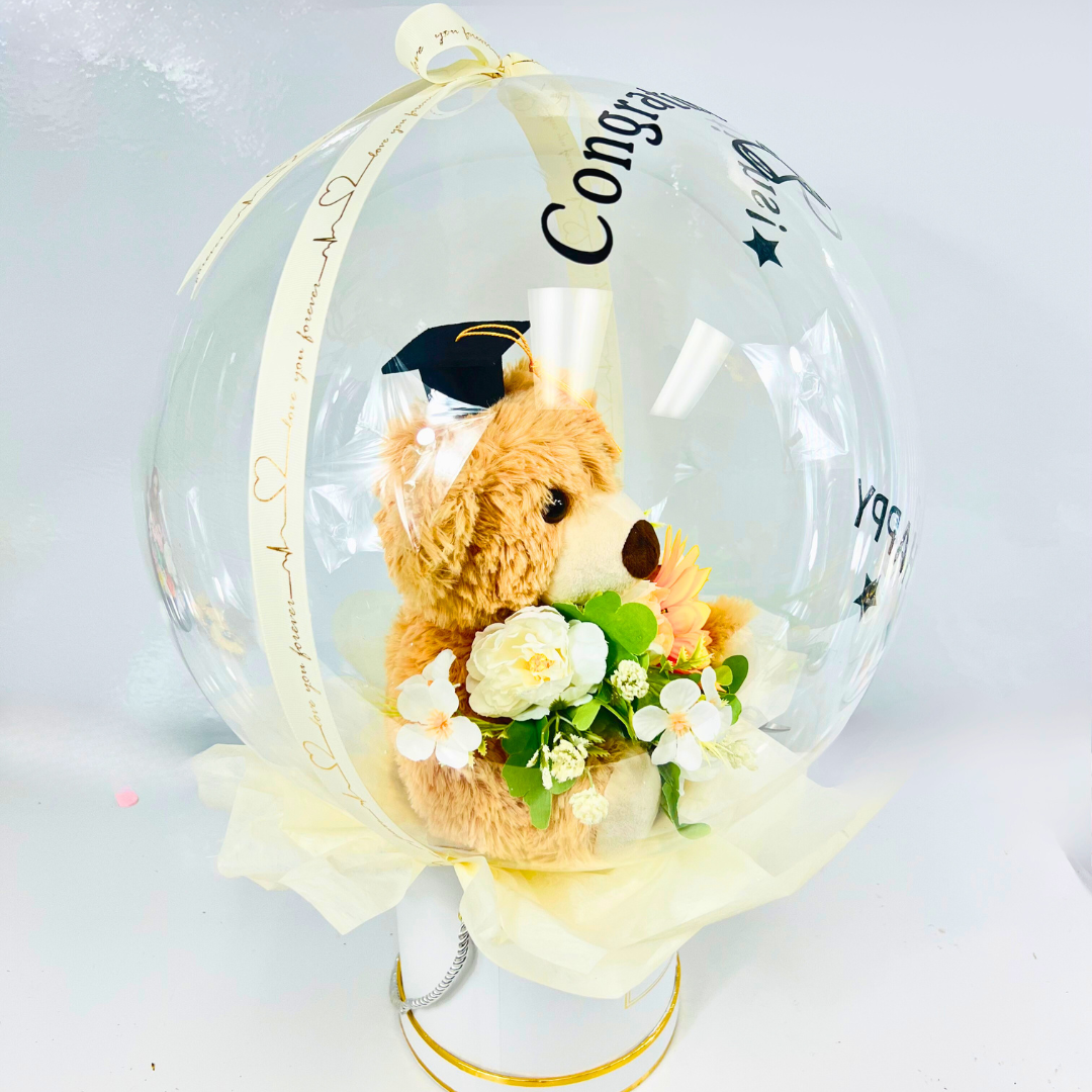 Teddy’s Hug of Pride – Graduation BOBO Balloon Bouquet White Close up