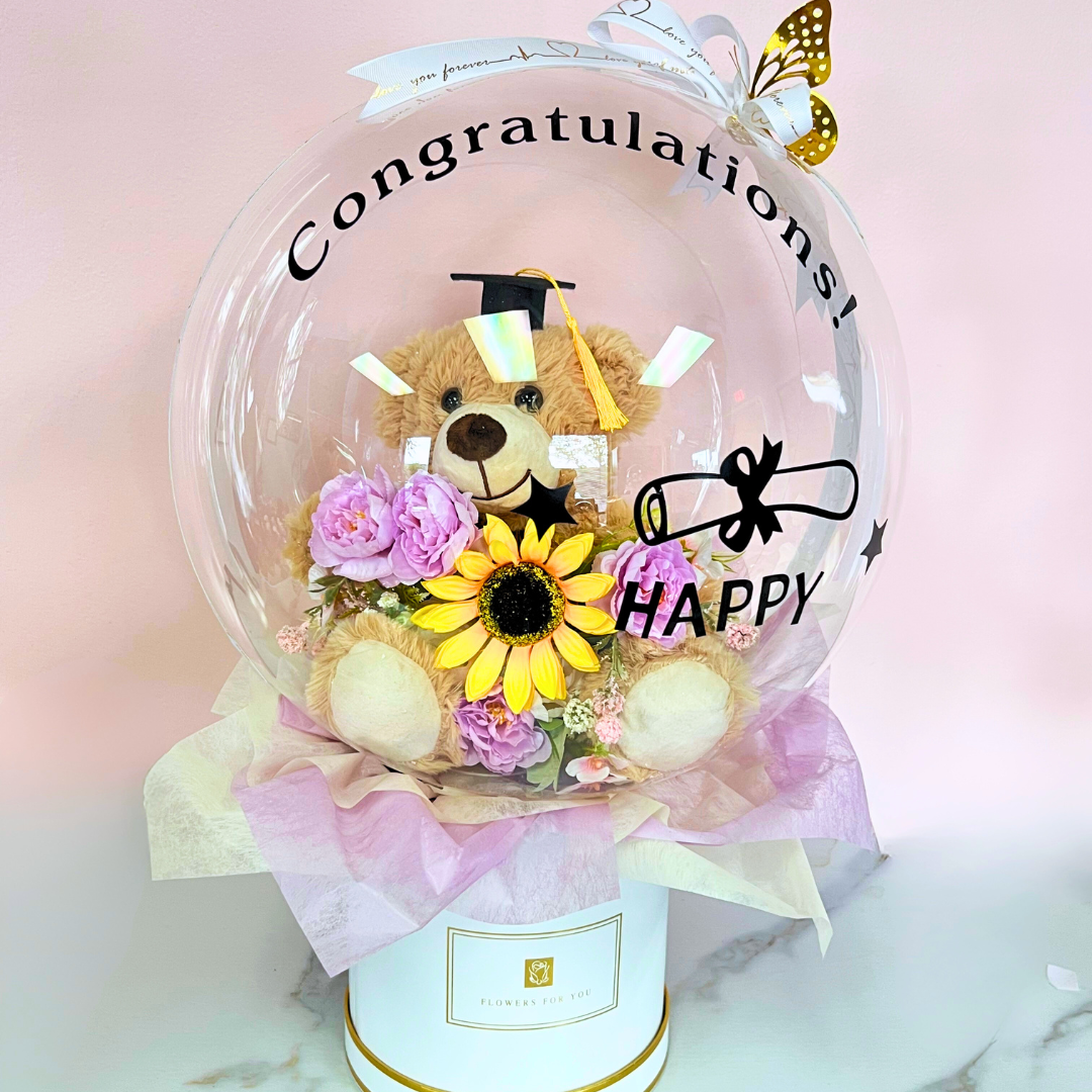 Teddy’s Hug of Pride – Graduation BOBO Balloon Bouquet Purple Close up
