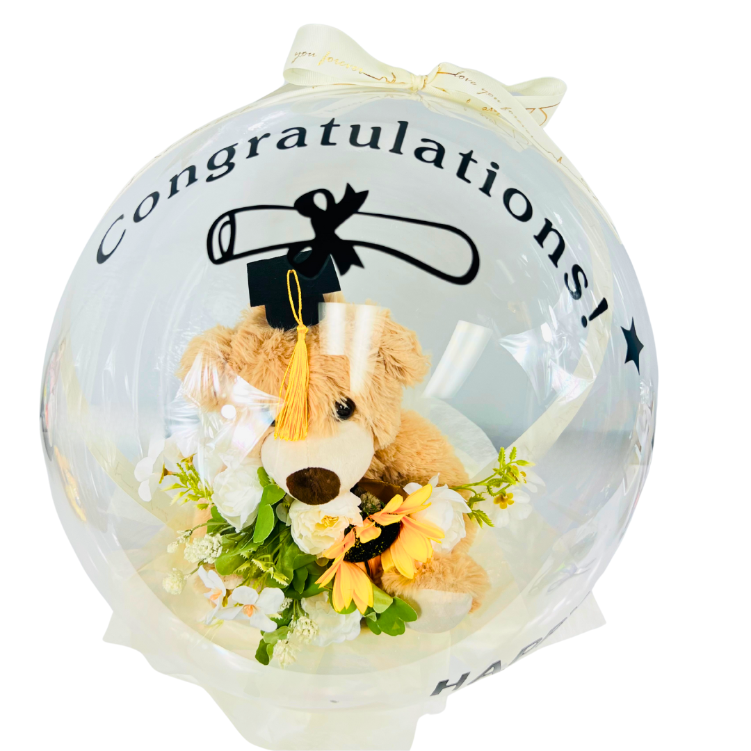 Teddy’s Hug of Pride – Graduation BOBO Balloon Bouquet White Close up