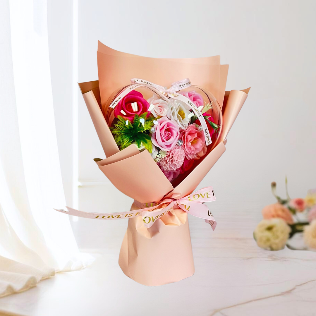 With Heartfelt Soap Bouquet Pink Closeup