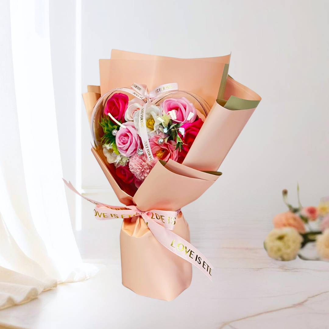 With Heartfelt Soap Bouquet Pink Closeup