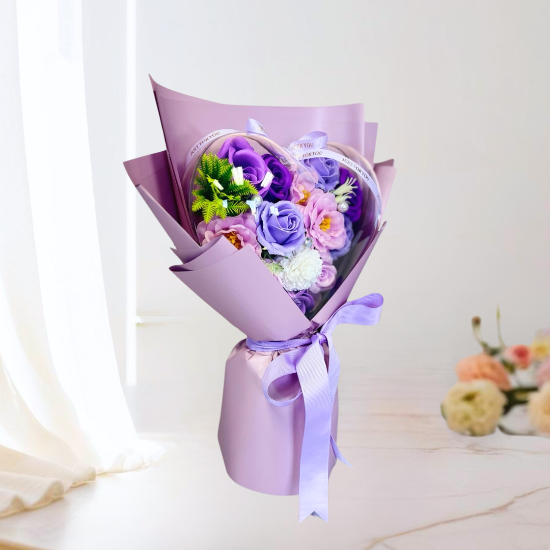 With Heartfelt Soap Bouquet Purple Closeup