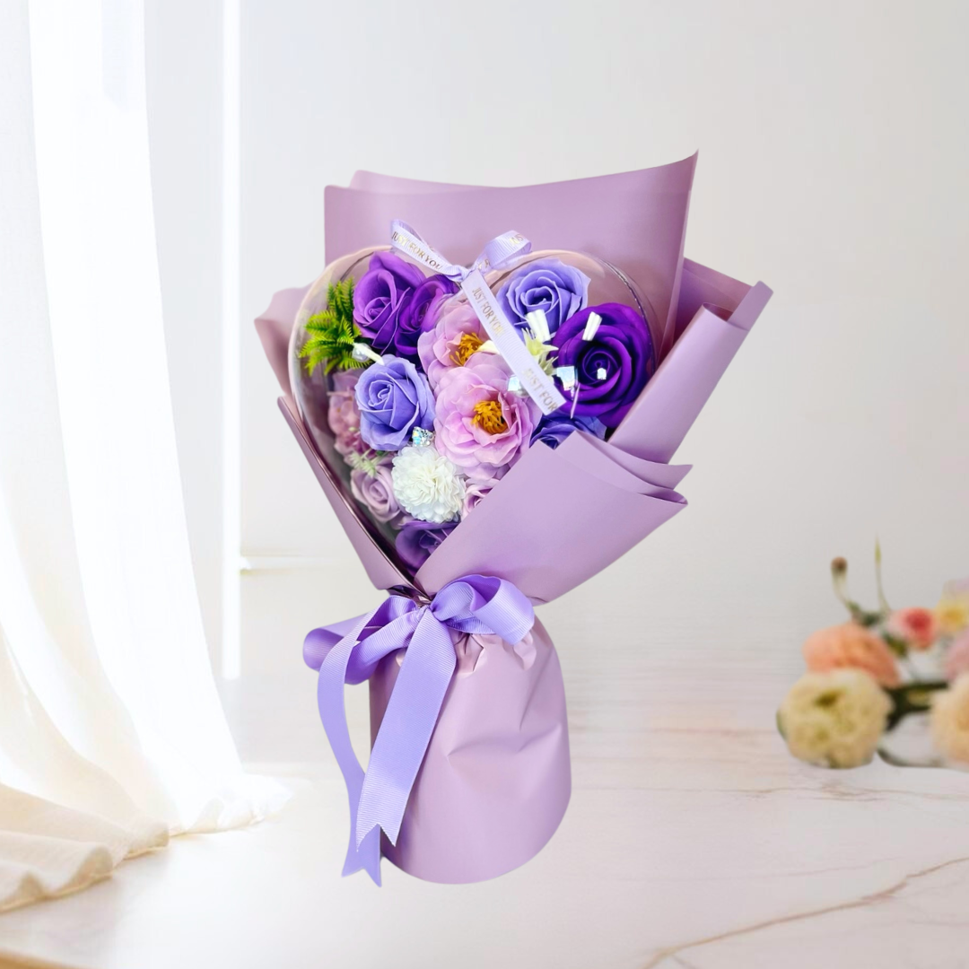 With Heartfelt Soap Bouquet Purple Closeup