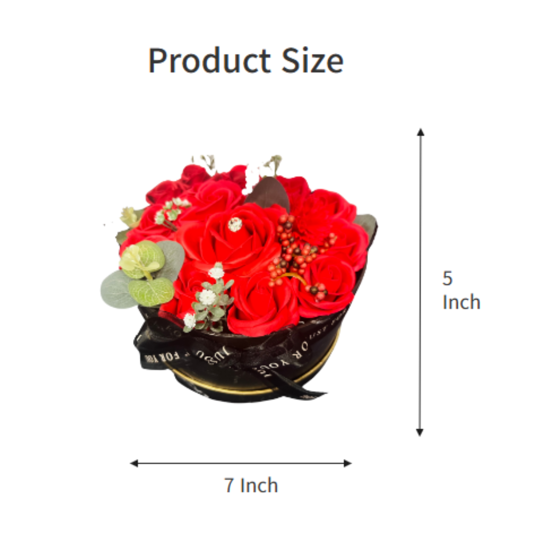 Product size guide for a cylindrical soap flower arrangement, measuring 9 inches in width and 5 inches in height.