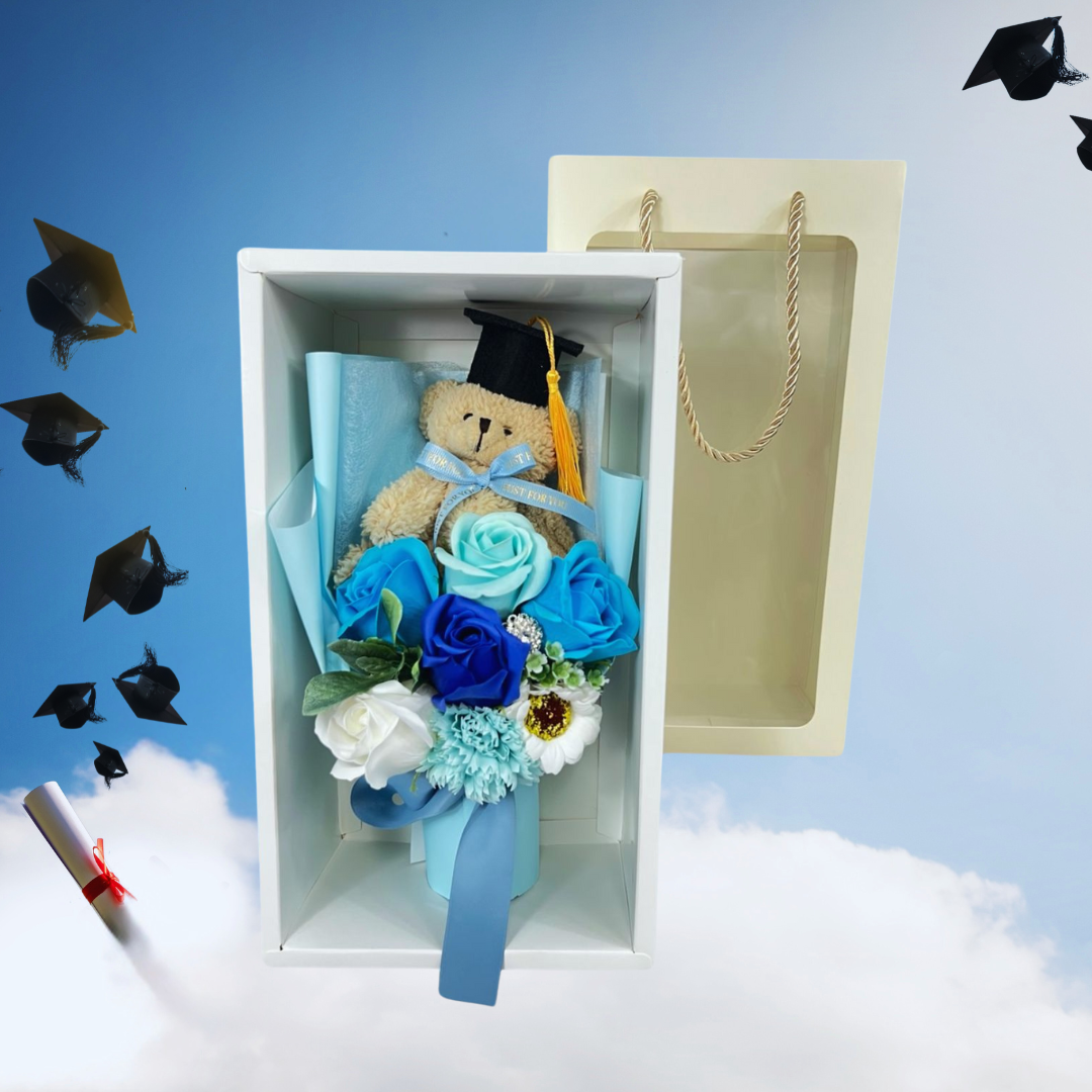 Congrats Teddy Bear Soap Flower Bouquet Blue 