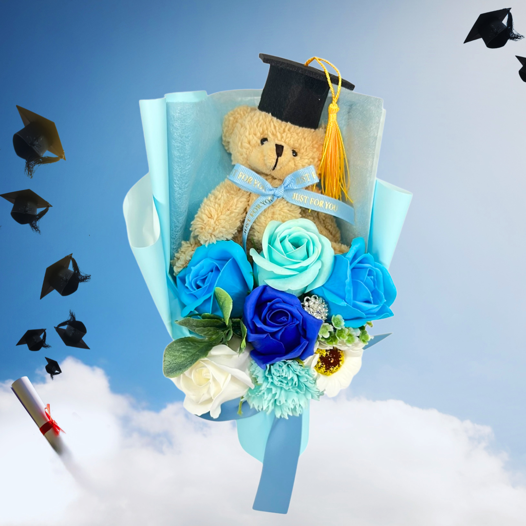 Congrats Teddy Bear Soap Flower Bouquet Blue Close up