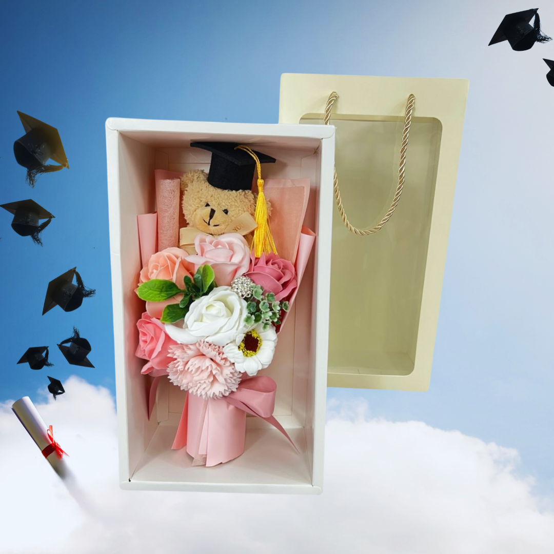 Congrats Teddy Bear Soap Flower Bouquet Pink
