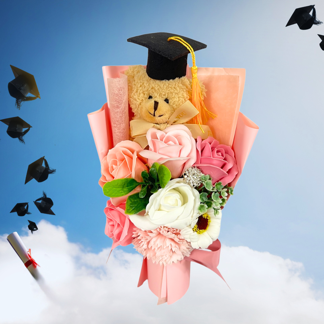 Congrats Teddy Bear Soap Flower Bouquet Pink Close up
