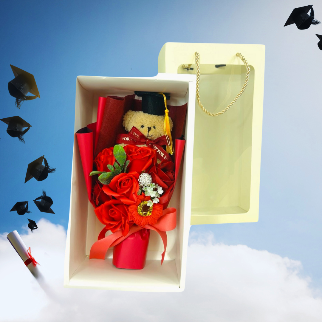 Congrats Teddy Bear Soap Flower Bouquet Red 