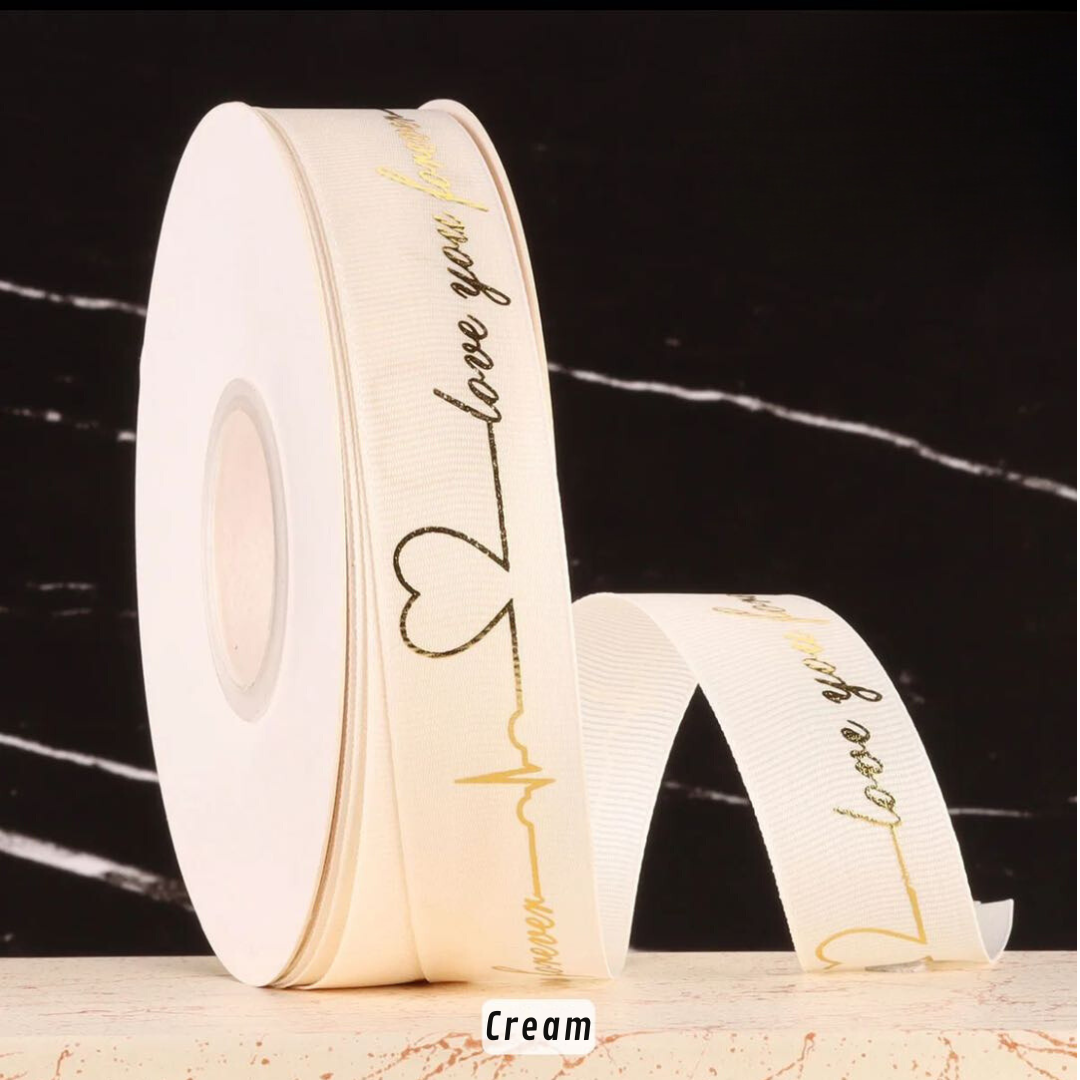 Forever Love Gold Print Satin Ribbon Beige