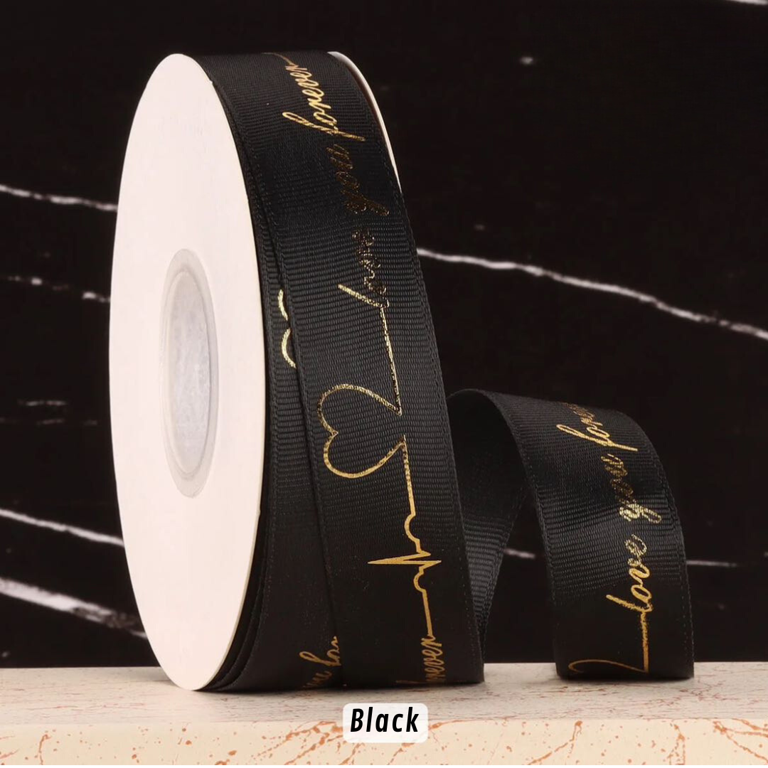 Forever Love Gold Print Satin Ribbon Black