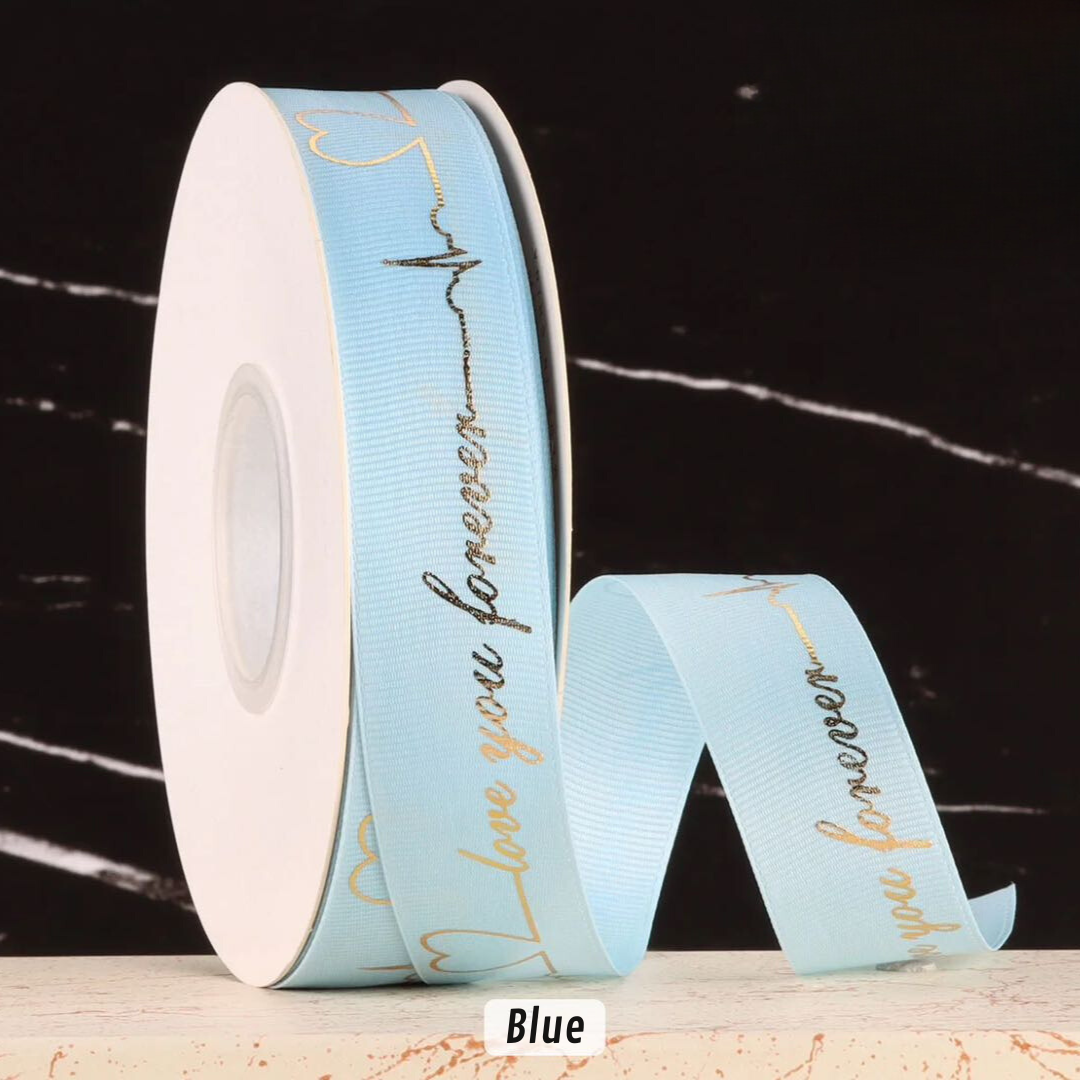 Forever Love Gold Print Satin Ribbon Blue