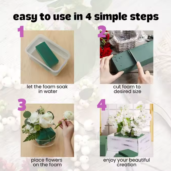 Step-by-step guide showing how to use wet floral foam in floral arrangements.