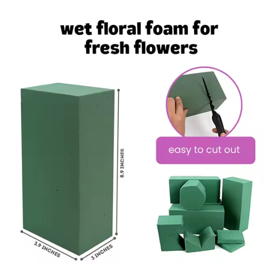 Dimensions and cutting of wet floral foam for fresh flowers, easy to cut out.