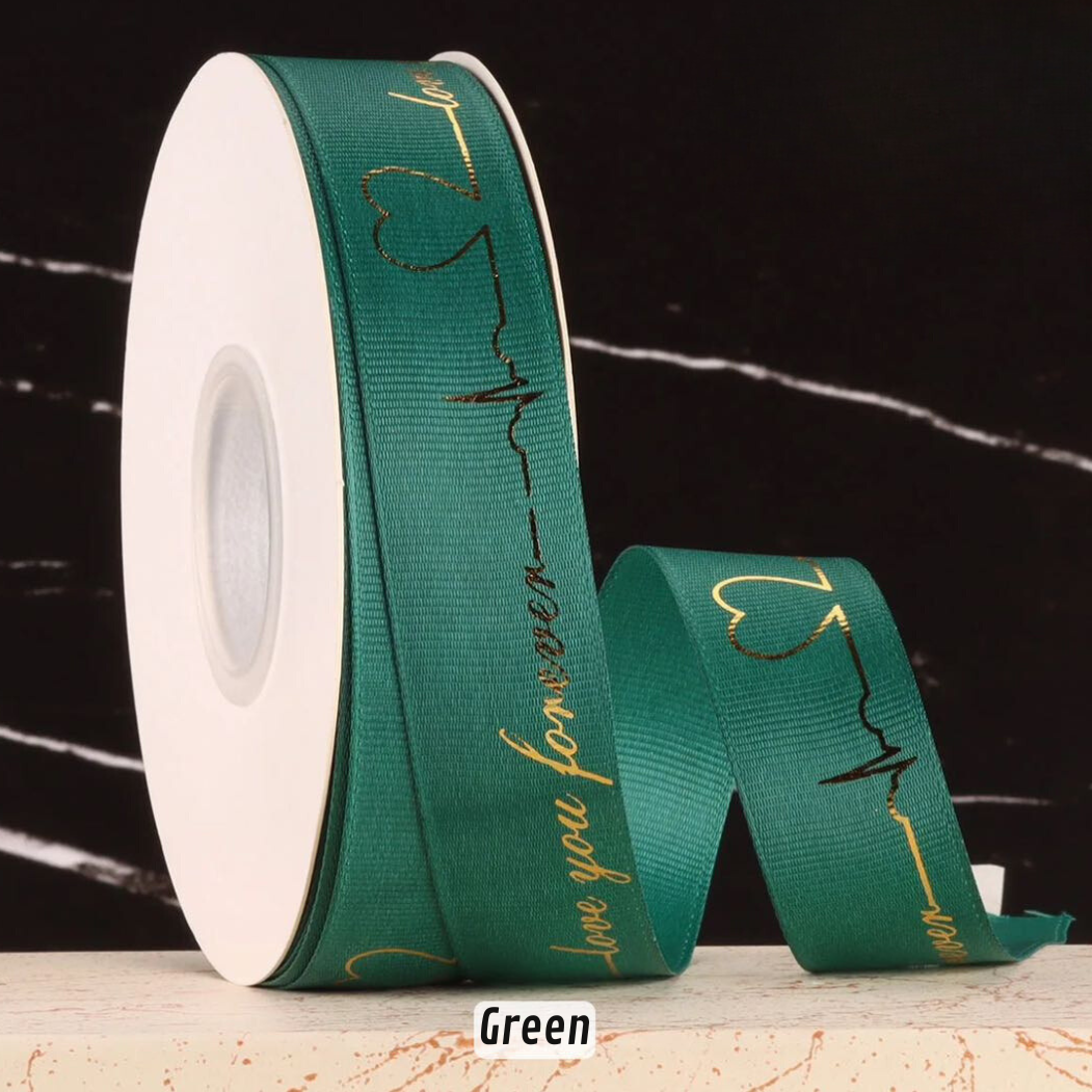 Forever Love Gold Print Satin Ribbon Green