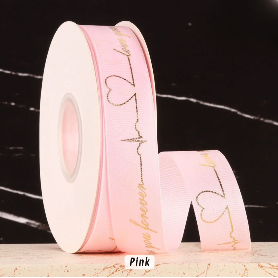 Forever Love Gold Print Satin Ribbon Pink