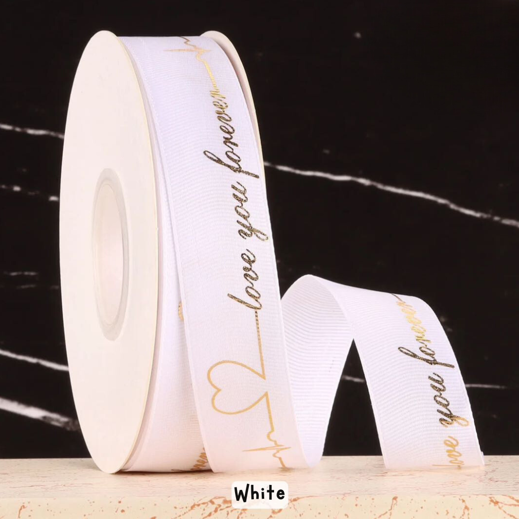 Forever Love Gold Print Satin Ribbon White