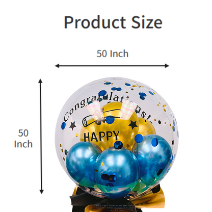 Product size image showing a 50x50 inch Graduation Celebration BoBo Balloon with blue and gold inside balloons and congratulatory text.