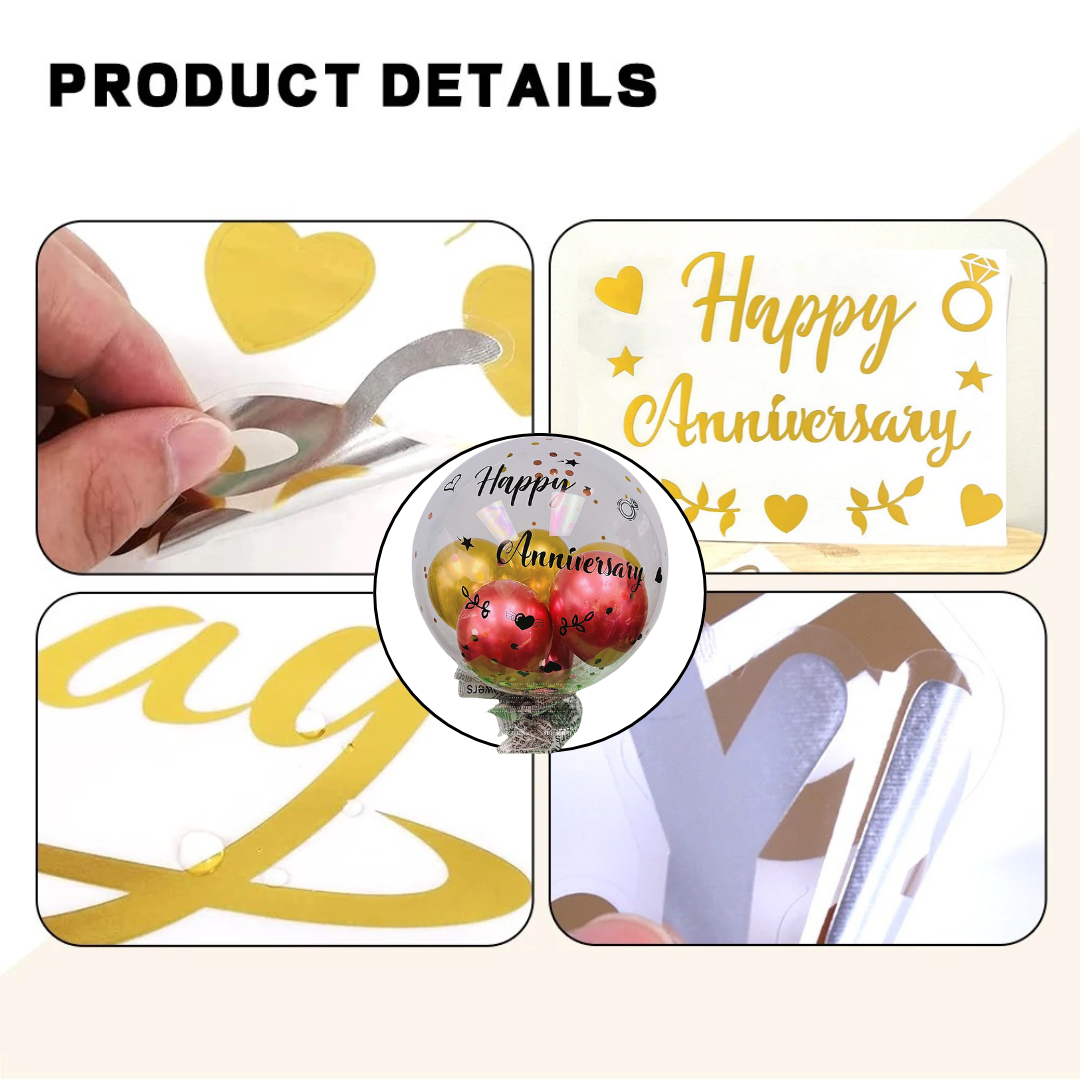 Product details showing gold 'Happy Anniversary' letter stickers and easy peel-off application process for balloons.