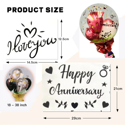 Product size guide showing dimensions for 'I love you' and 'Happy Anniversary' balloon letter stickers.