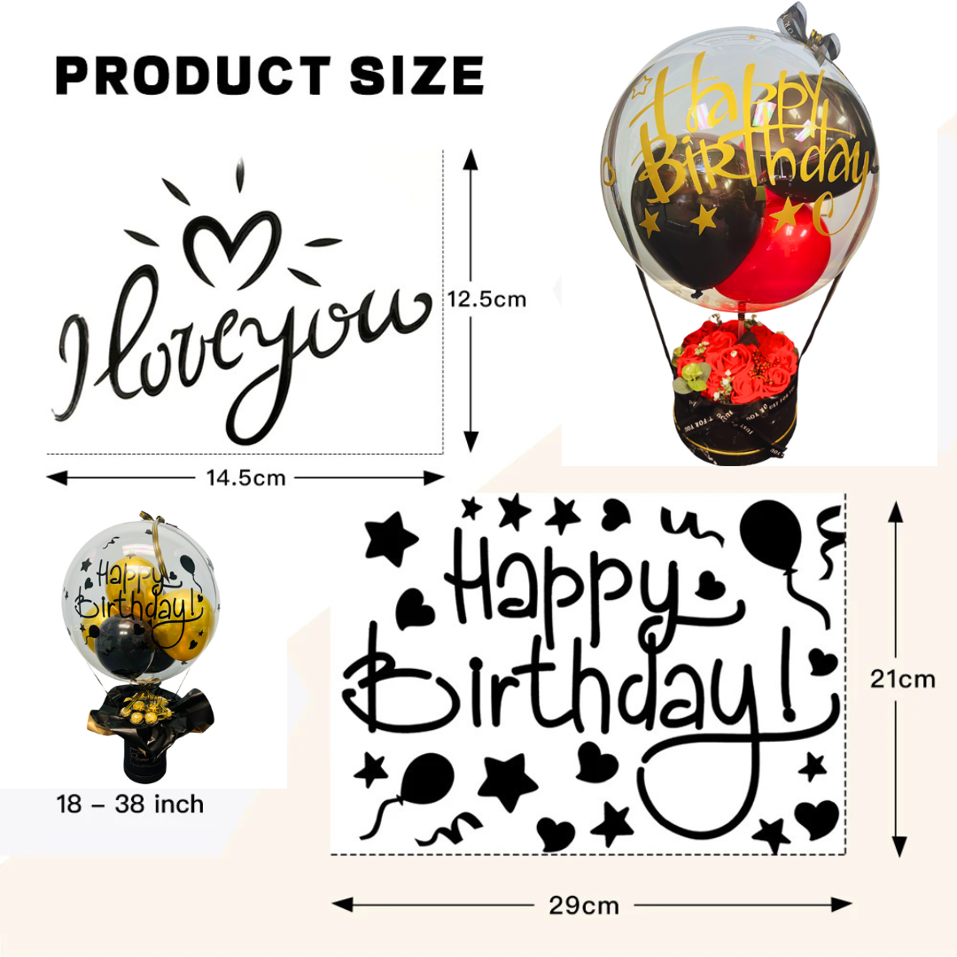 "Product size guide showing dimensions for 'I love you' and 'Happy Birthday' balloon letter stickers.