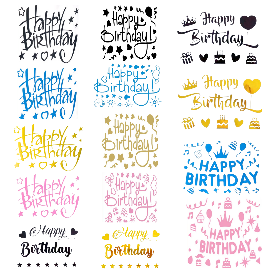 Customizable 'Happy Birthday' vinyl letter stickers for BoBo balloons, available in various colors and easy to apply for personalized celebrations.