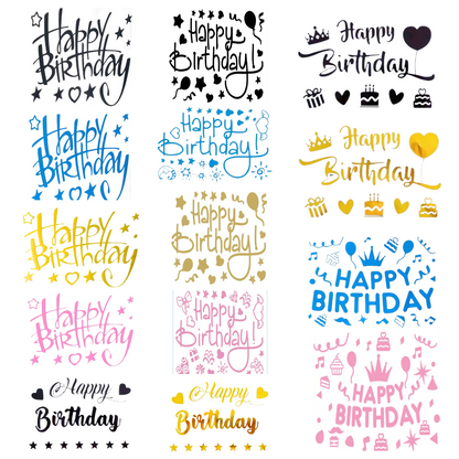 Customizable 'Happy Birthday' vinyl letter stickers for BoBo balloons, available in various colors and easy to apply for personalized celebrations.