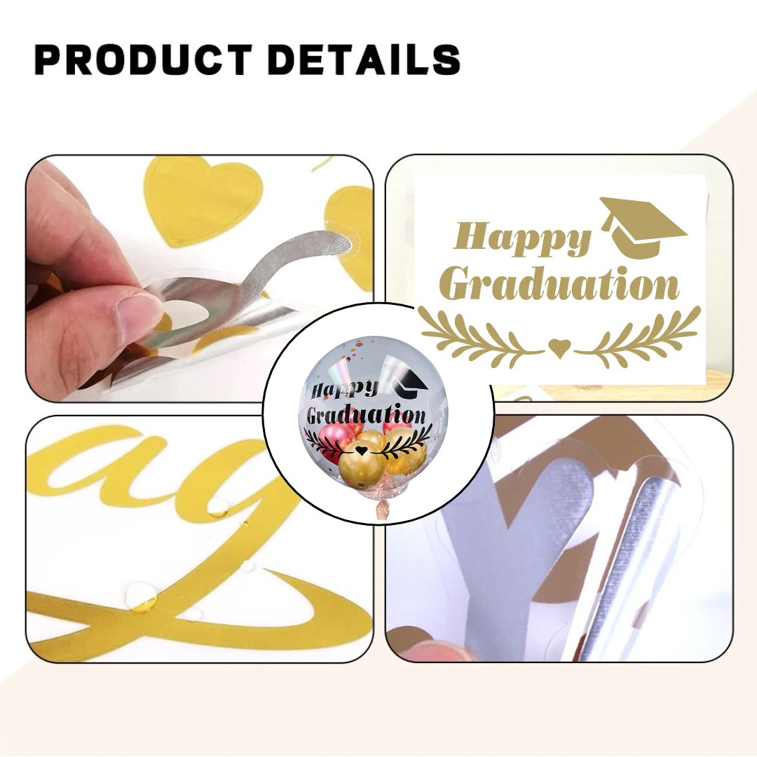 Product details showing letter stickers and easy peel-off application process for balloons.