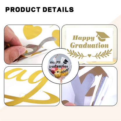 Product details showing letter stickers and easy peel-off application process for balloons.