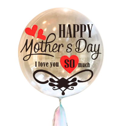  Clear BoBo balloon with "Happy Mother's Day" text, red hearts, and "I love you SO much" in black and red lettering.