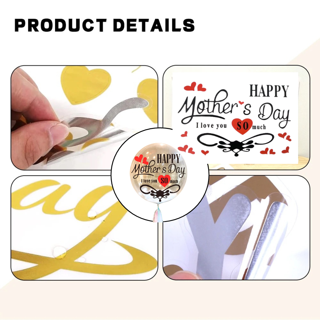 Product details showing letter stickers and easy peel-off application process for balloons. 