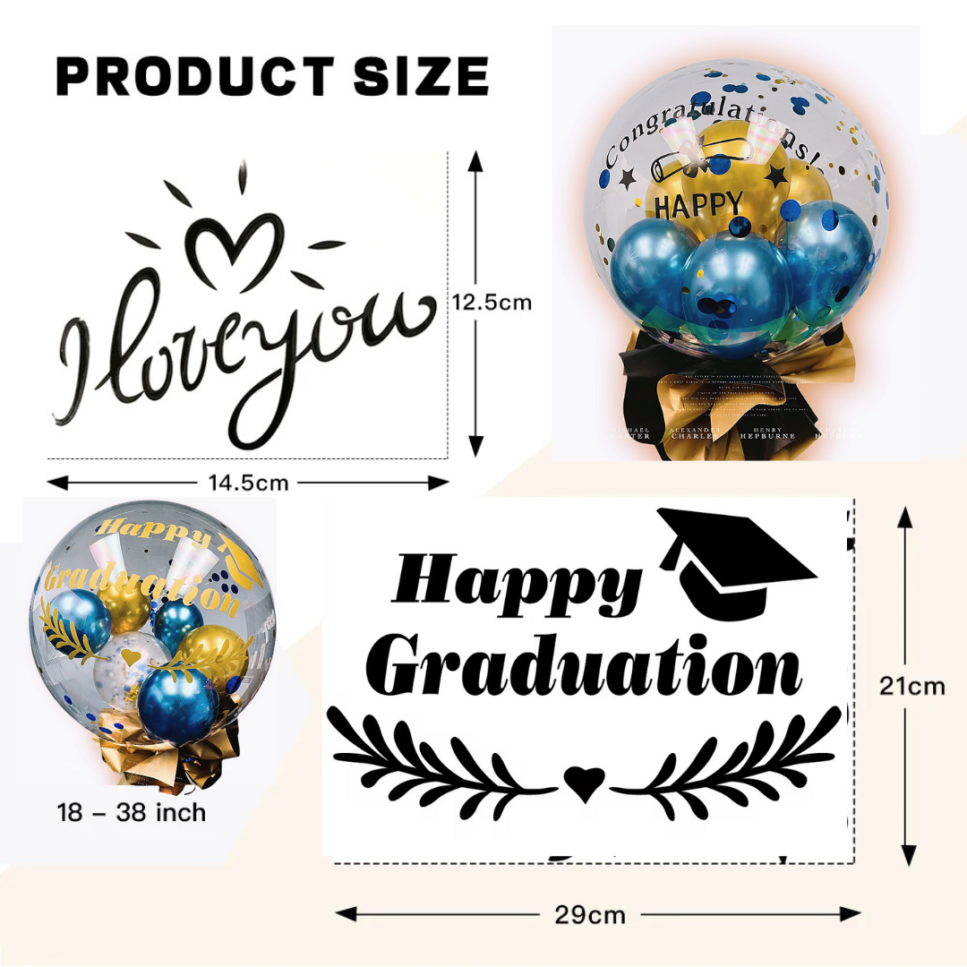 Product size guide showing dimensions for the balloon letter stickers.