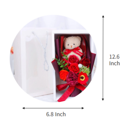 Size guide showing a teddy bear bouquet measuring 6.8 inches in width and 12.6 inches in height.