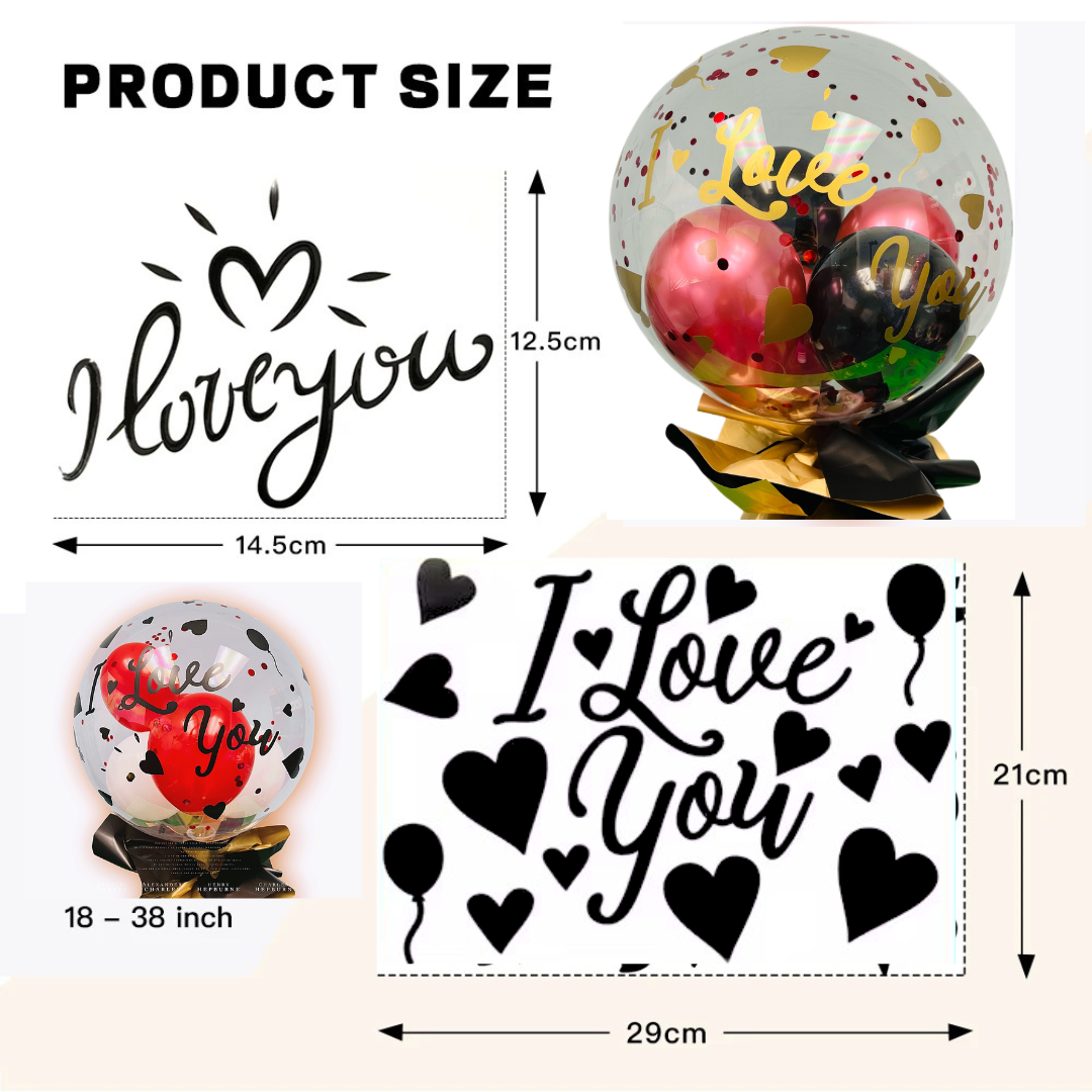 Product size guide showing dimensions for the balloon letter stickers.   