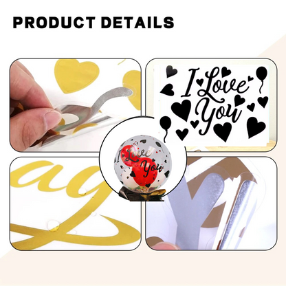 Product details showing letter stickers and easy peel-off application process for balloons. 