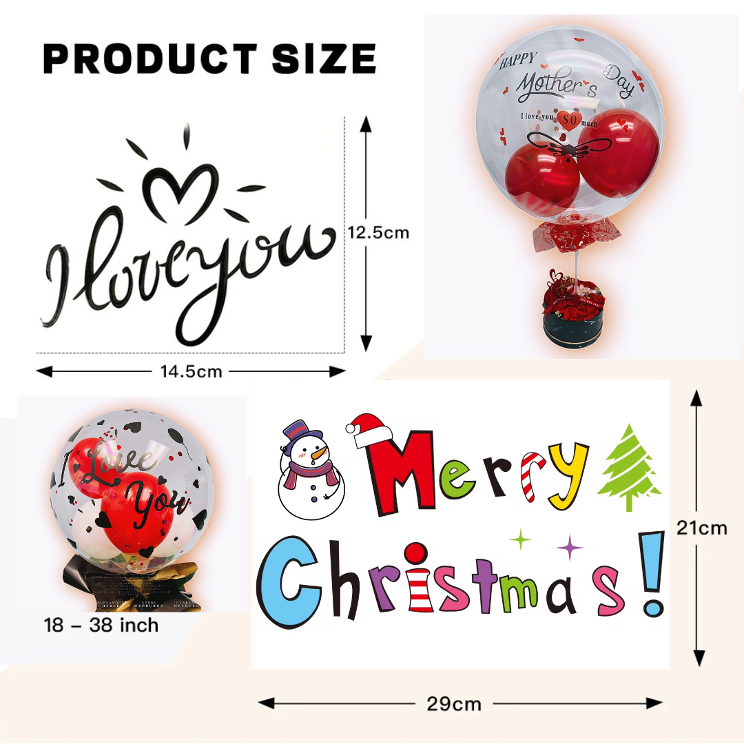 Product size guide showing dimensions for the balloon letter stickers.   