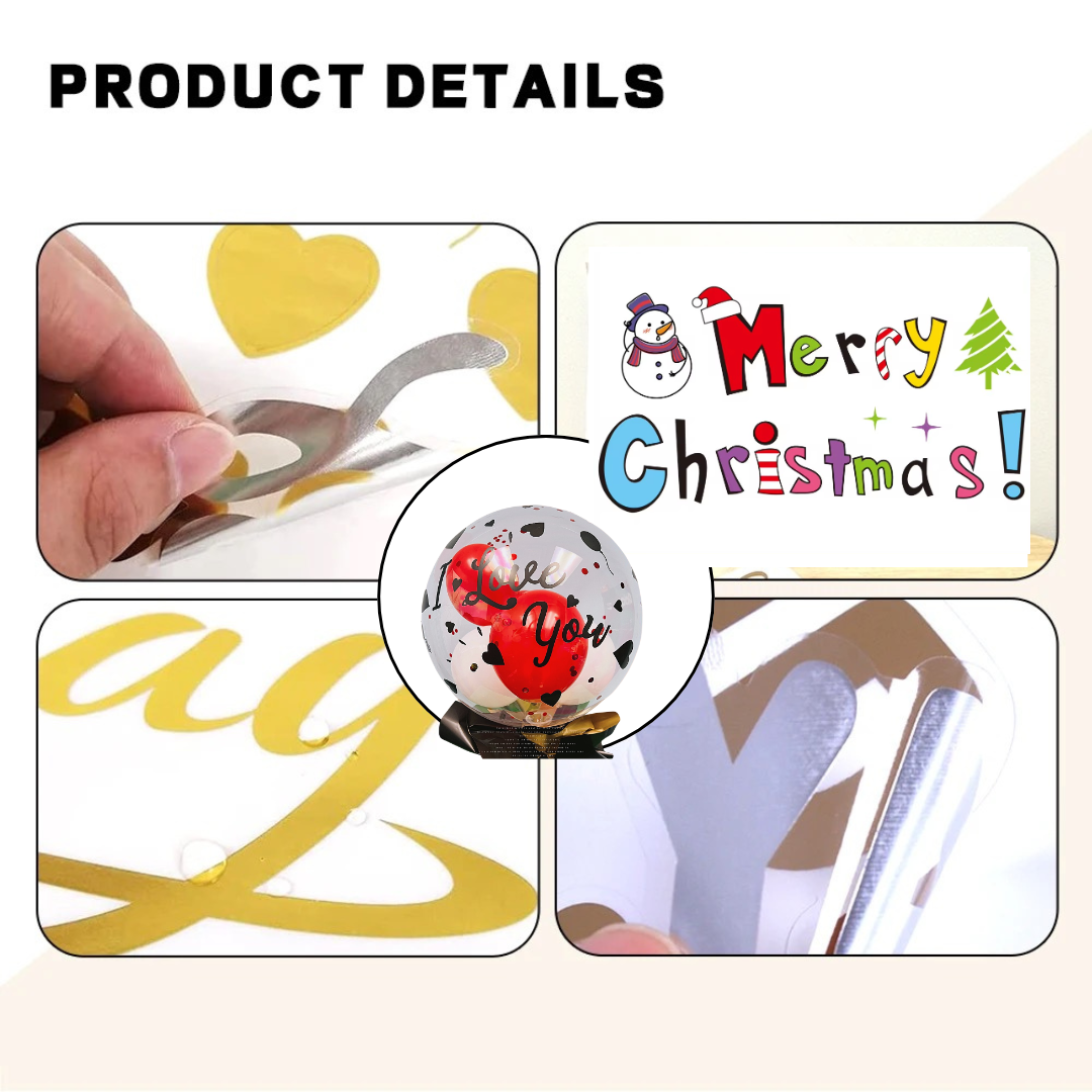 Product details showing letter stickers and easy peel-off application process for balloons.