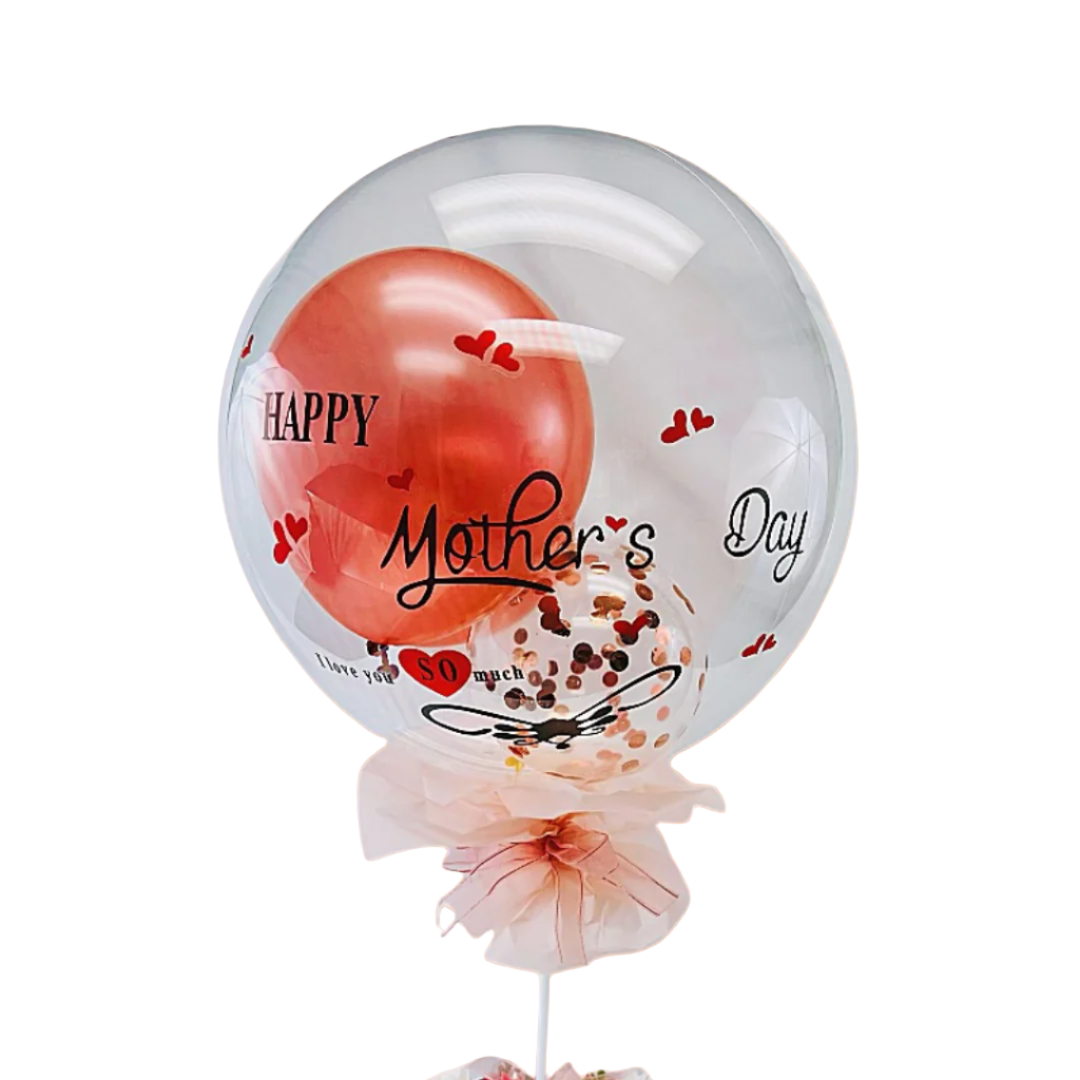  Clear BoBo balloon with "Happy Mother's Day" letter sticker, filled with a red balloon, confetti, and tied with a pink ribbon.