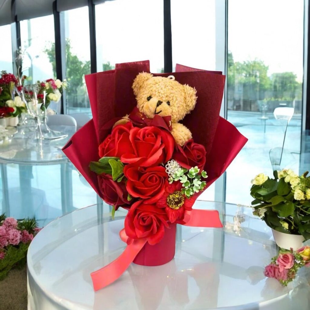 Red Teddy Bear Hugs Soap Bouquet