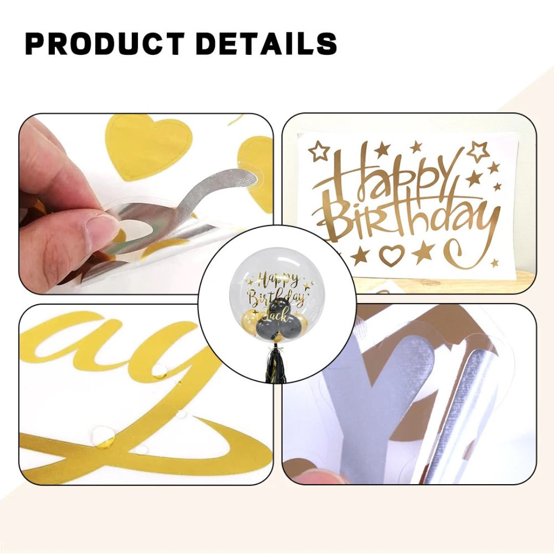 Product details showing 'Happy Birthday' letter stickers and easy peel-off application process for balloons.