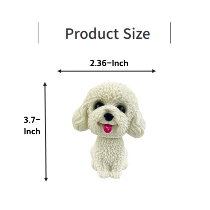 Product size image showing a cute shaking head dog figurine, measuring 3.7 inches in height and 2.36 inches in width.