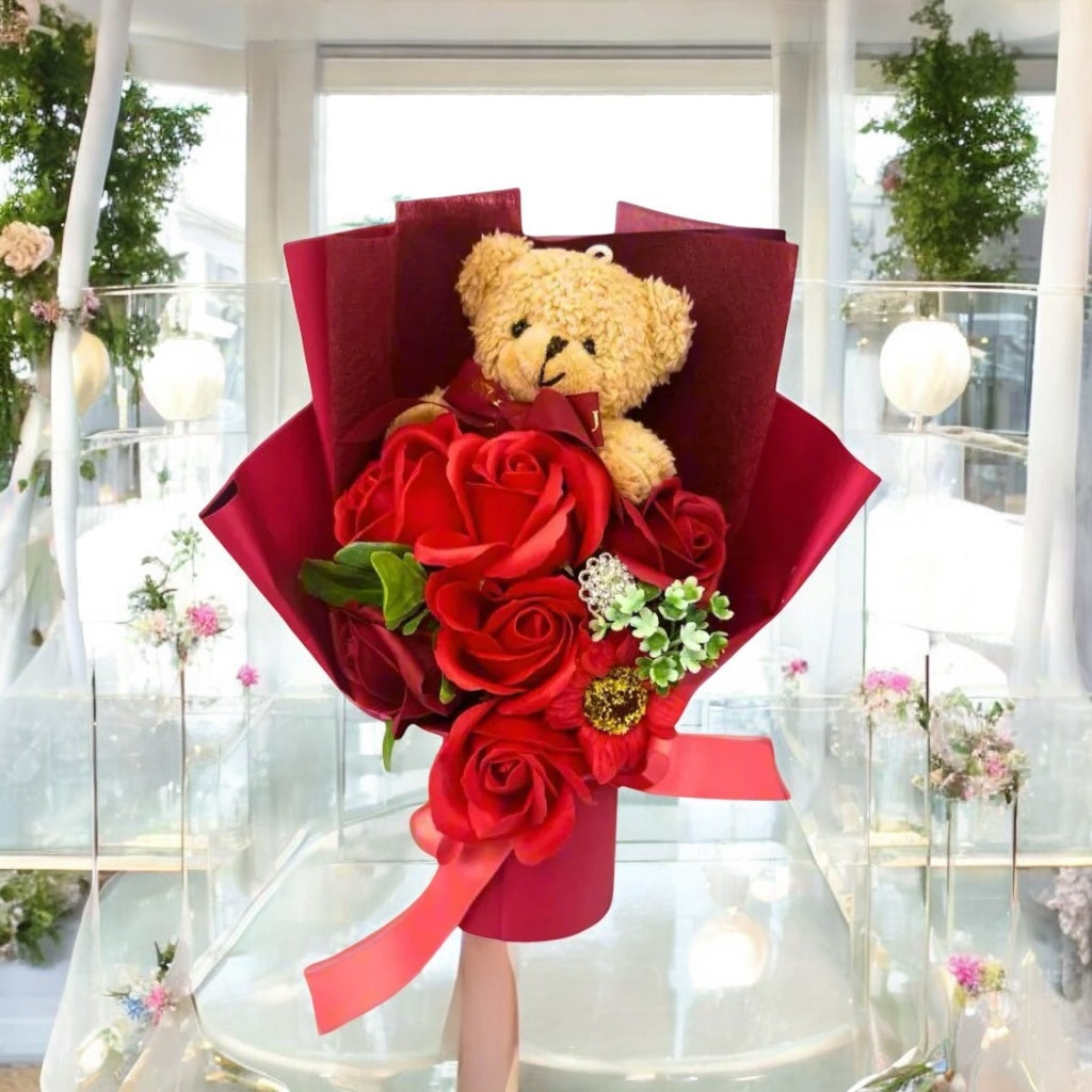 Sweetheart Teddy Soap Flower Bouquet Red