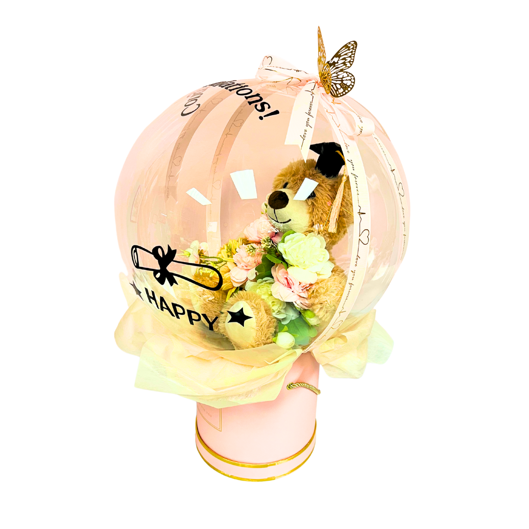 Teddy’s Hug of Pride – Graduation BOBO Balloon Bouquet Pink Close up